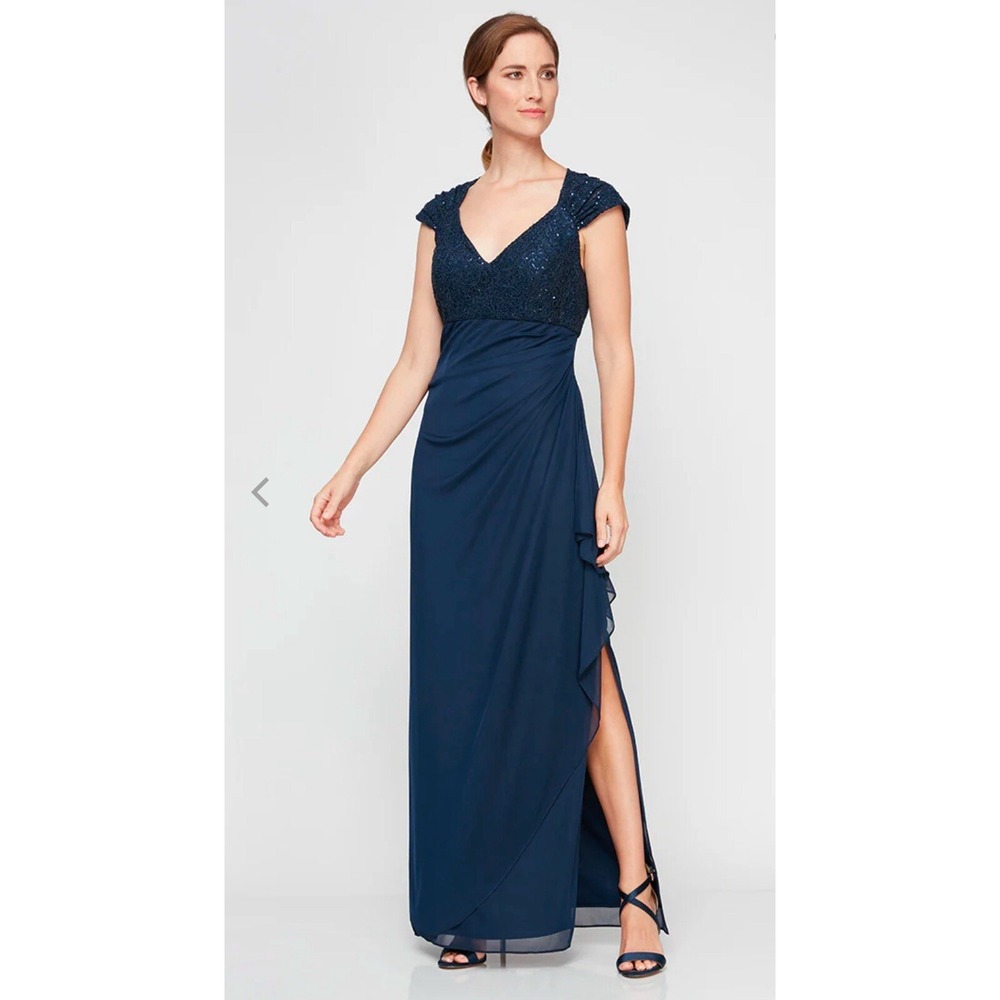 Alex Evenings Cap Sleeve Empire Waist Dress with Corded Lace Size 12 Mesh Skirt